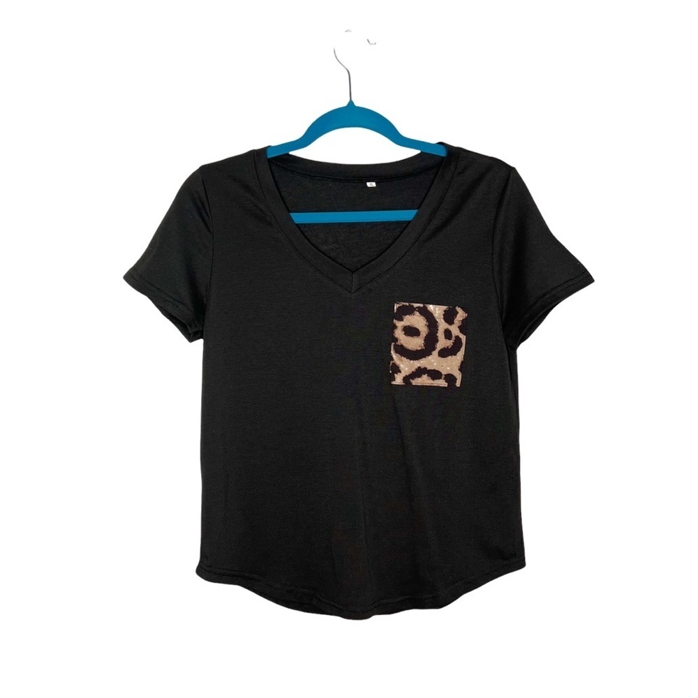 Leopard Pocket Black Basic Round Hem Short Sleeve Tee Shirt